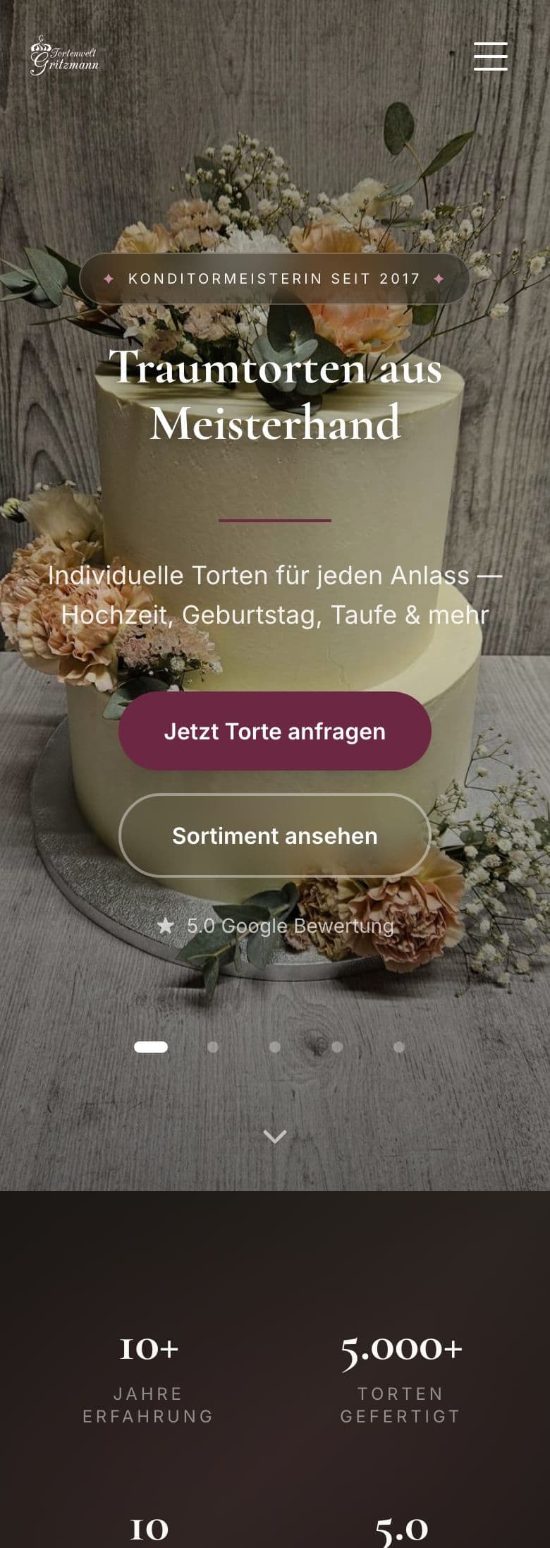 Website von Gritzmann Tortenwelt, Ansicht auf dem Smartphone