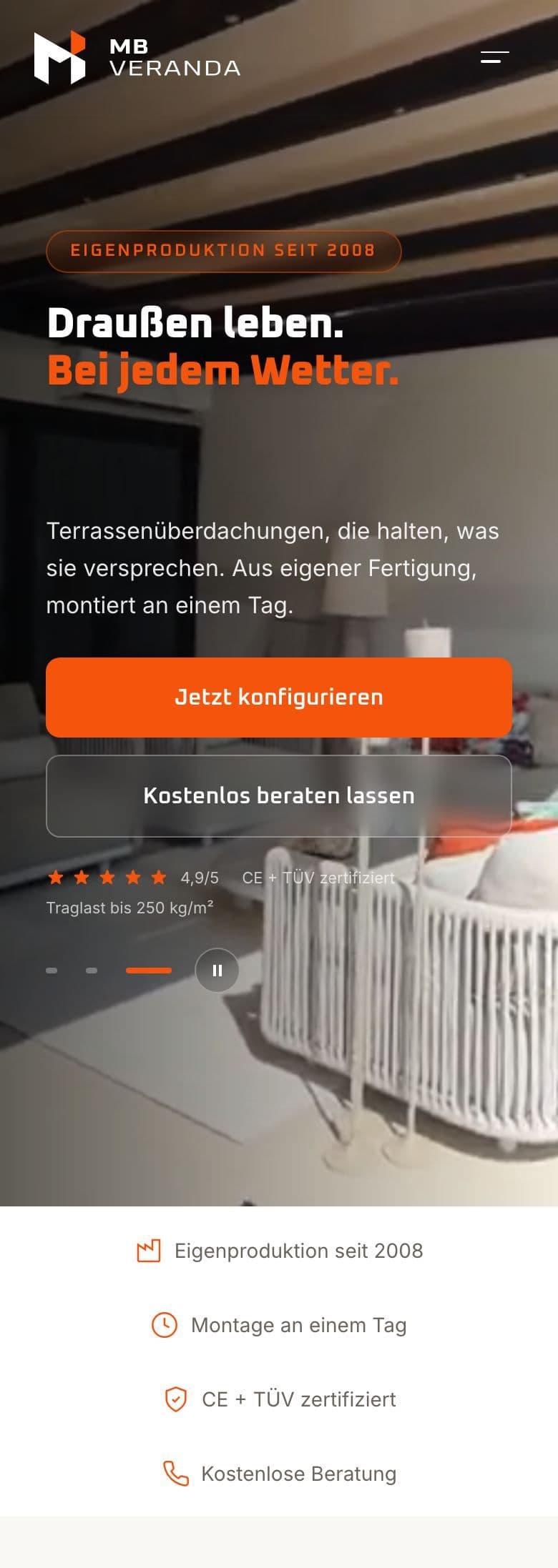 Website von MB Veranda GmbH, Ansicht auf dem Smartphone