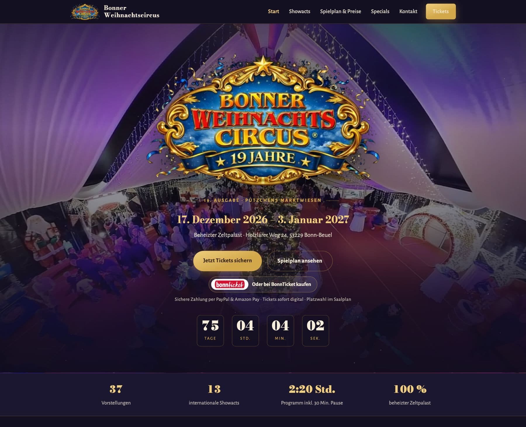 Website von Bonner & Koblenzer Weihnachtscircus, Ansicht am Computer