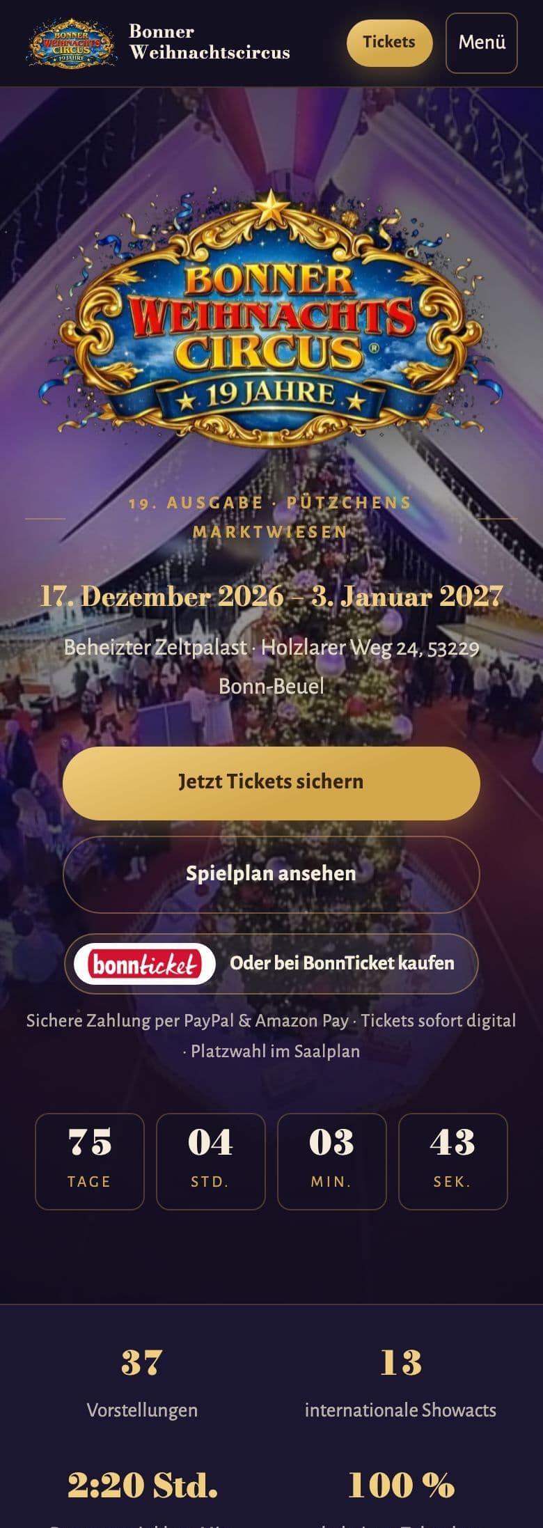 Website von Bonner & Koblenzer Weihnachtscircus, Ansicht auf dem Smartphone